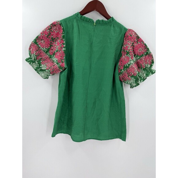 THML Embroidered Puff Sleeve Top Ruffle Neck Button Back Green Pink SMALL EUC - Picture 6 of 13